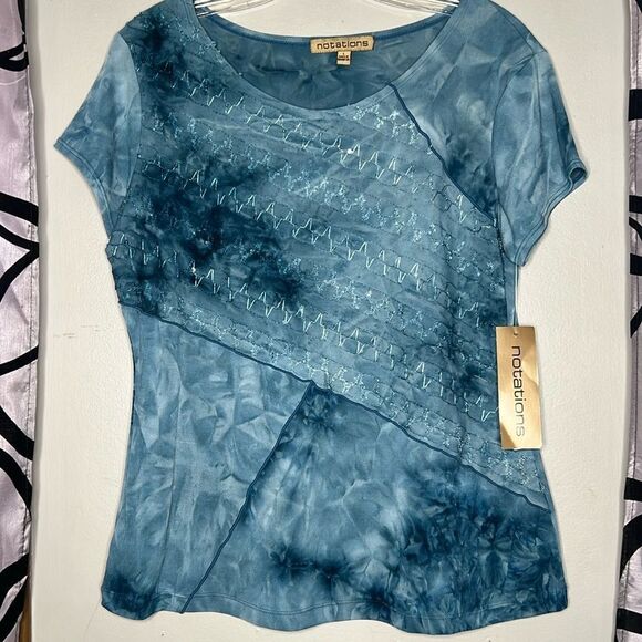 Notations Sz L Smokey Blue Tie Dye Top Embellished Appliqued Cross Seamed - Picture 1 of 8